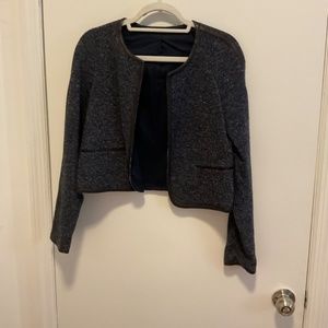 Vintage Theory Tweed Evening Jacket, Navy with Black Leather Trim, Size 6